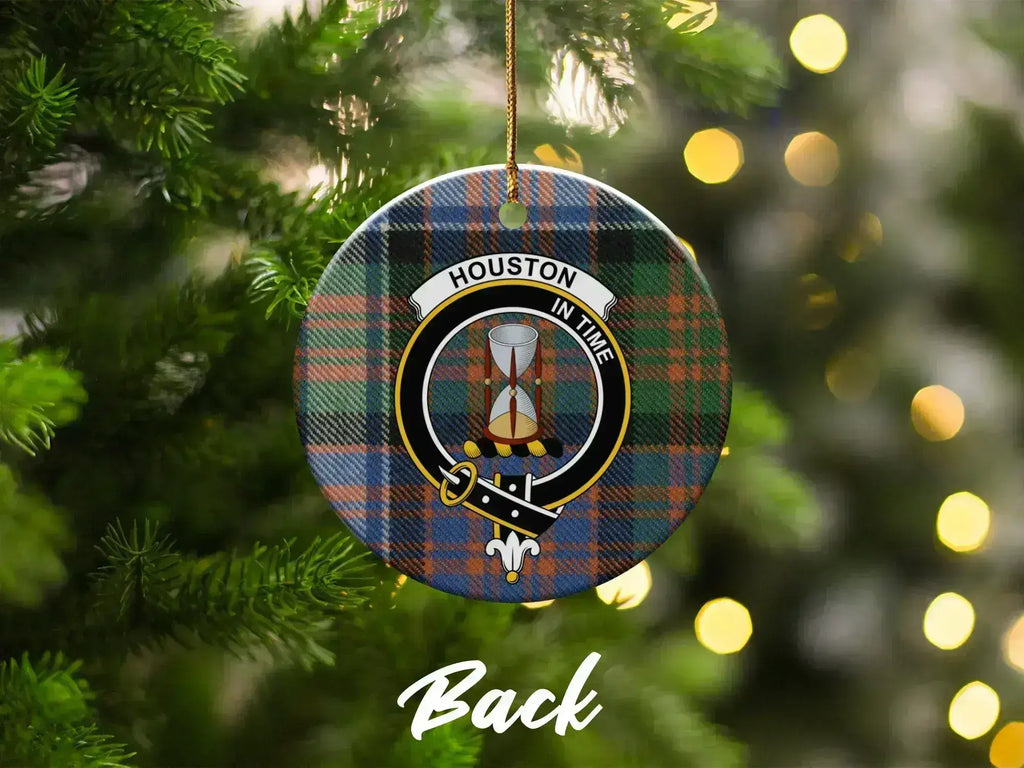 Clan Houston tartan crest ornament — hanging on Christmas tree, double-sided ceramic print