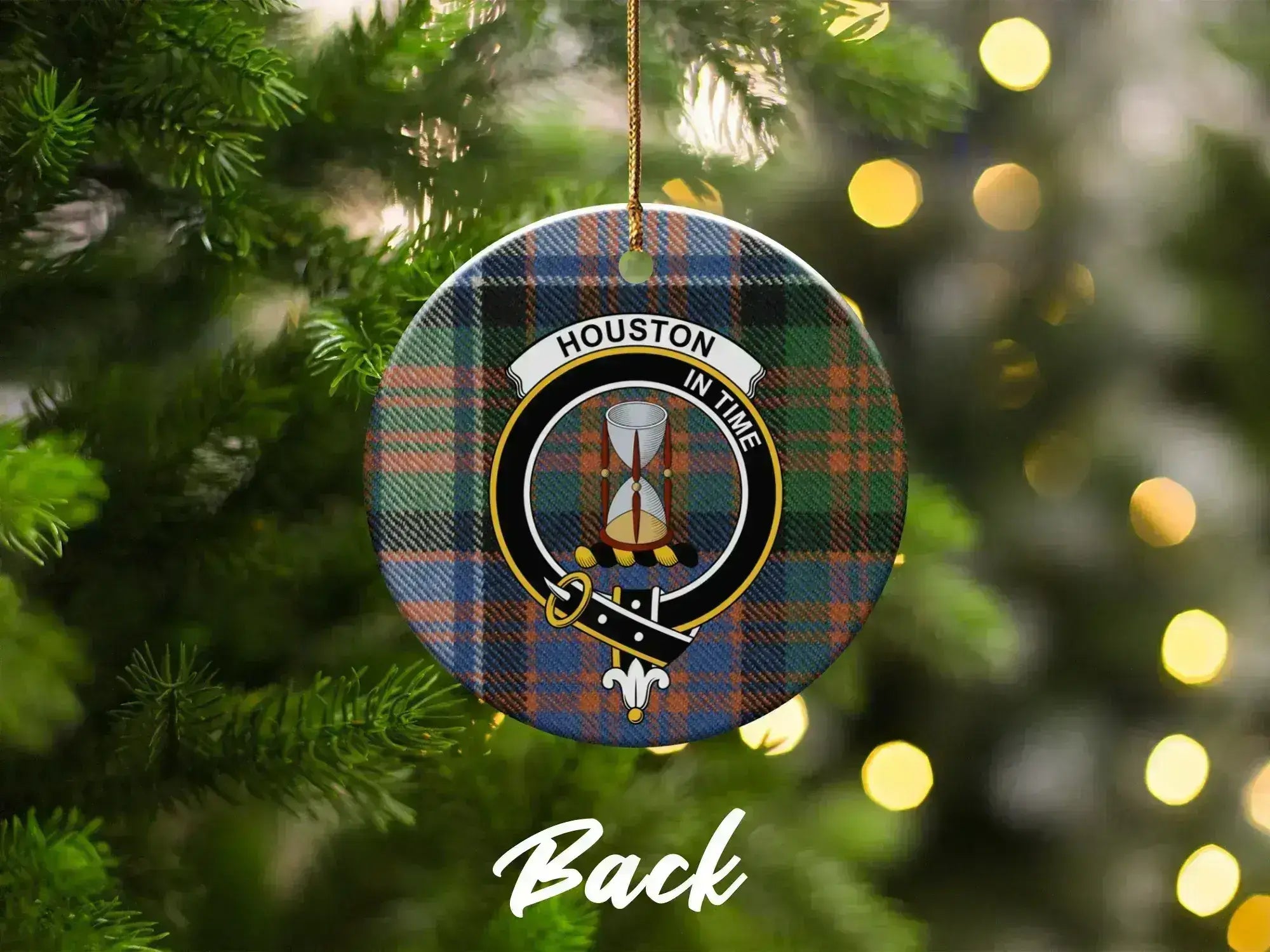 Clan Houston tartan crest ornament — hanging on Christmas tree, double-sided ceramic print