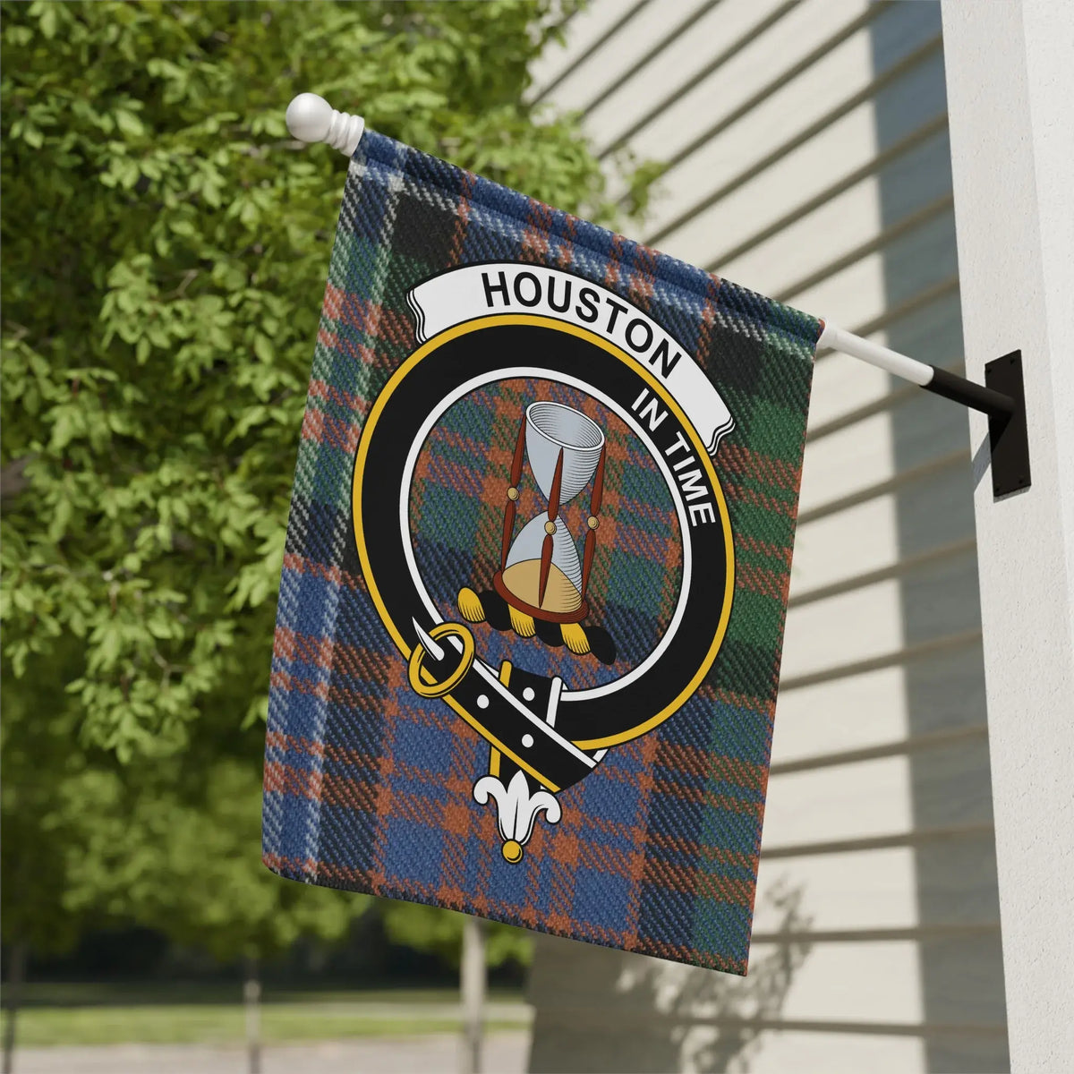Clan Houston tartan garden flag — In Time crest design, 12x18 inch outdoor display on poly poplin-canvas