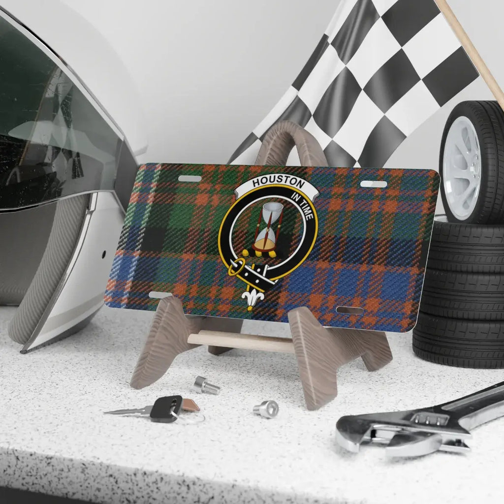 Clan Houston tartan crest novelty license plate — full colour In Time design, 12x6 inch aluminium