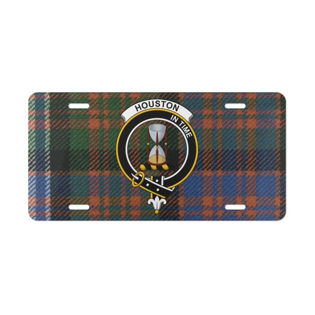 Clan Houston tartan novelty plate — standard 12x6 inch size shown on vehicle display