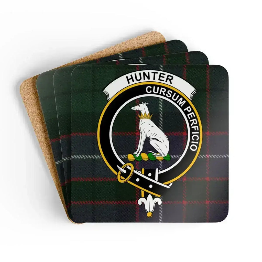 Hunter clan crest tartan coaster set of 4 — natural cork squares with sealed Cursum Perficio design