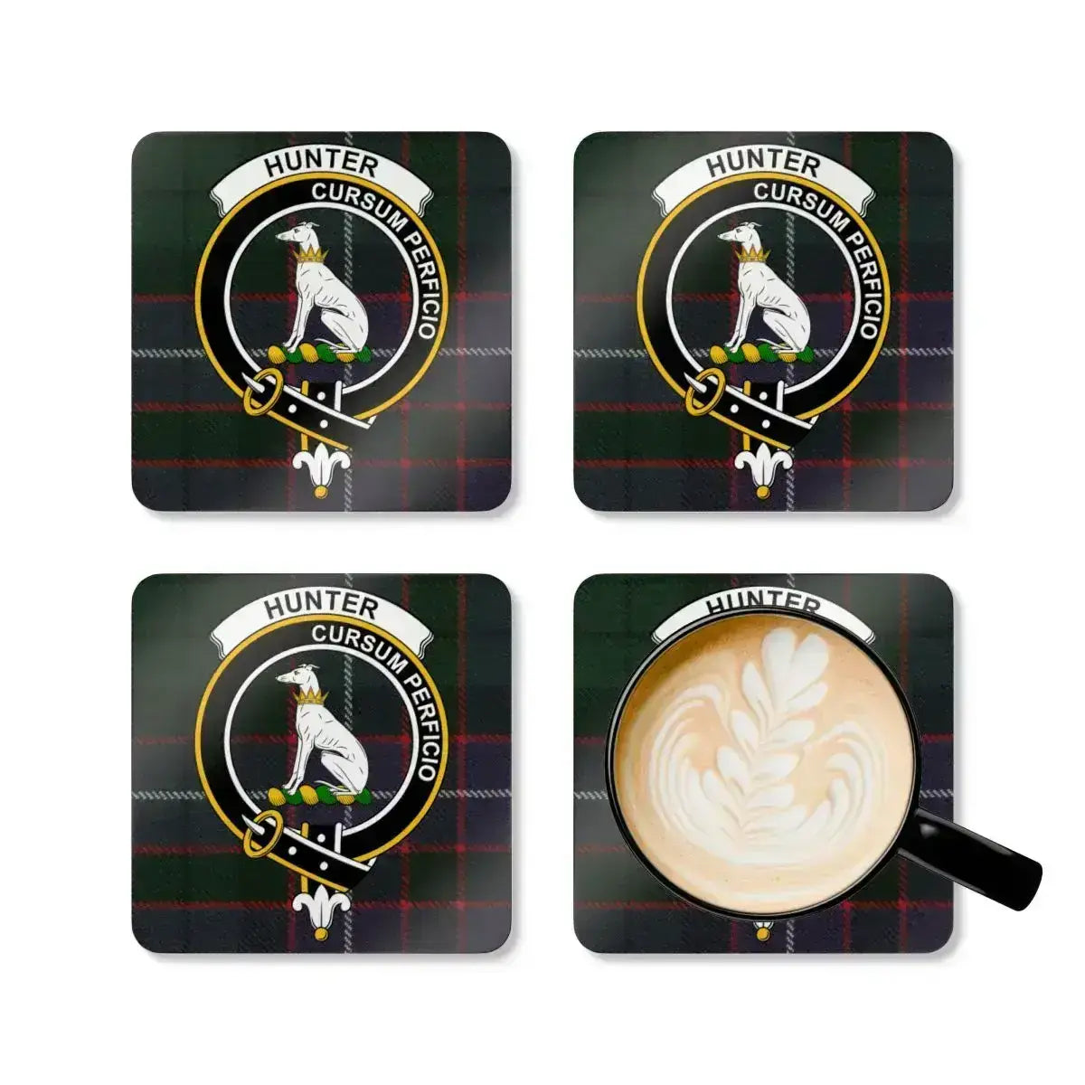 Hunter Cursum Perficio clan motto coaster tabletop display — four cork coasters with greyhound design
