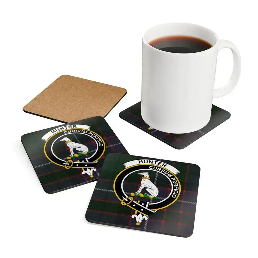 Hunter Cursum Perficio plaid coasters set — 3.75-inch corkwood with glossy sealed print
