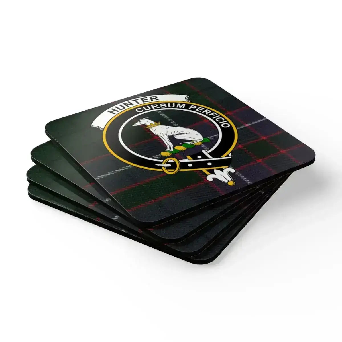 Hunter Cursum Perficio design square coaster — natural cork base, glossy sealed tartan print