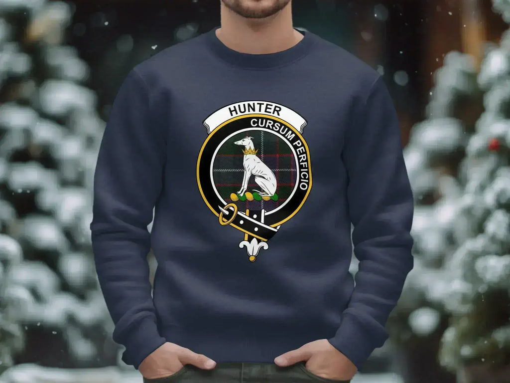 Hunter Cursum Perficio sweatshirt — full clan crest heraldic design on fleece, laid flat