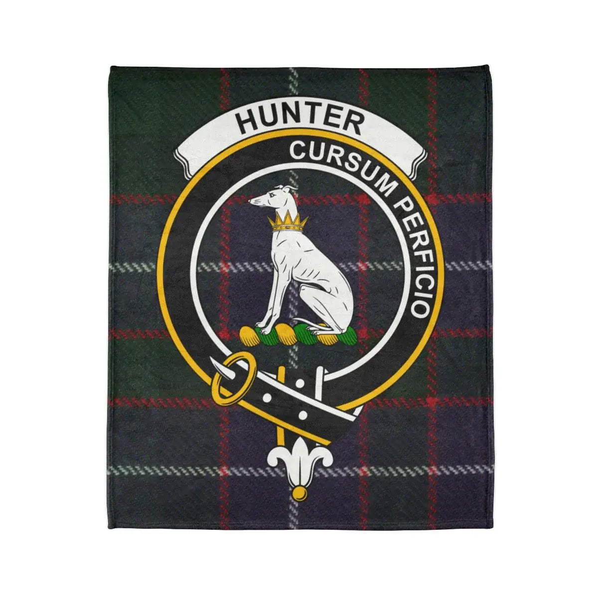Hunter Cursum Perficio plaid blanket collection — greyhound clan crest design on 50x60 polyester