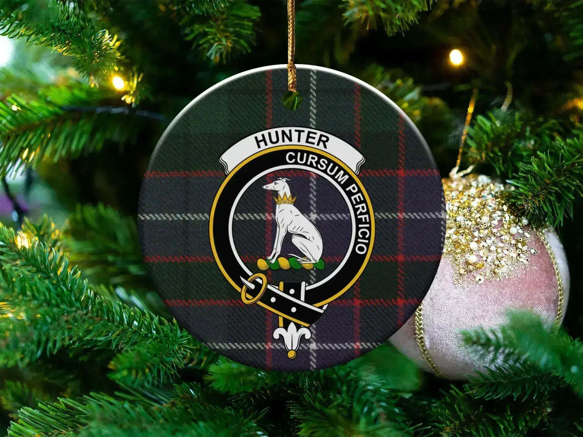 Hunter clan tartan ceramic ornament — 3-inch round glossy disc with greyhound crest and Cursum Perficio motto