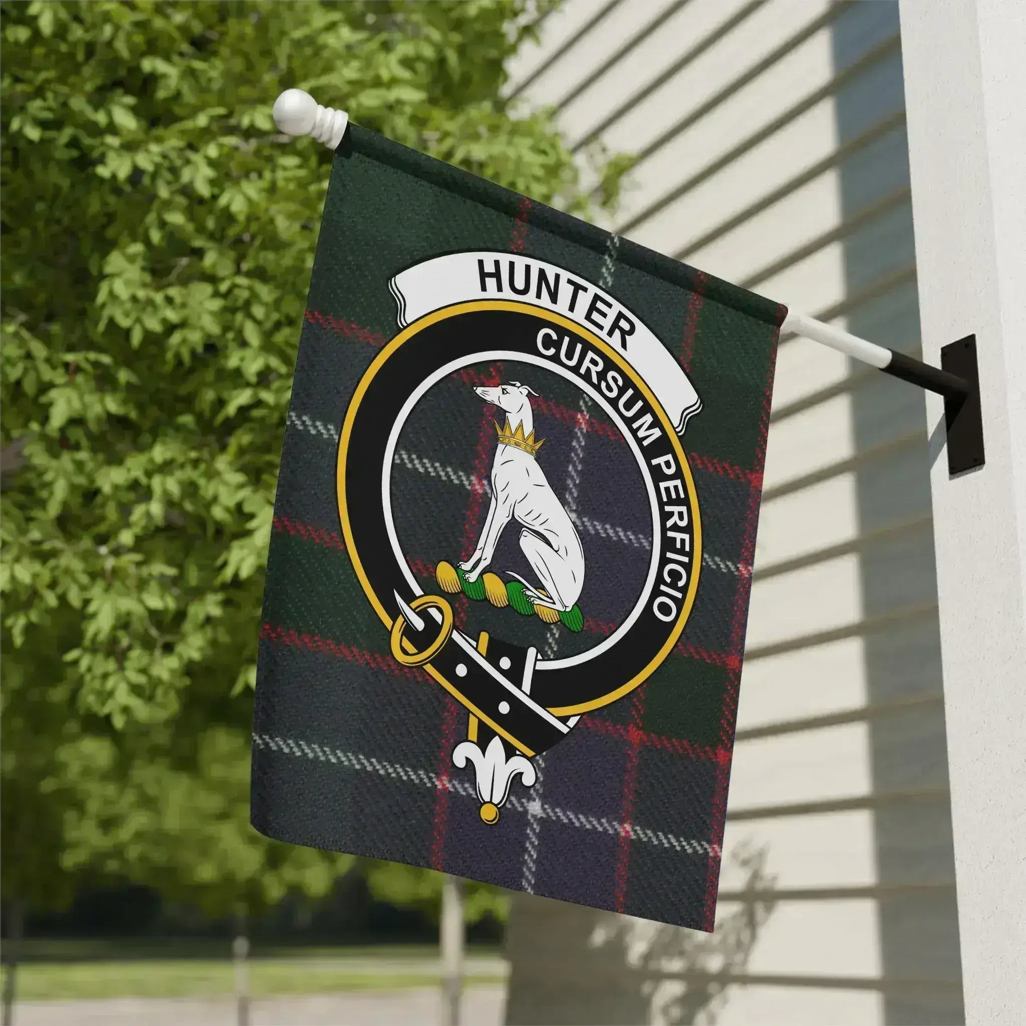 Hunter clan crest tartan garden flag 12x18 inches — poly poplin-canvas with Cursum Perficio greyhound design