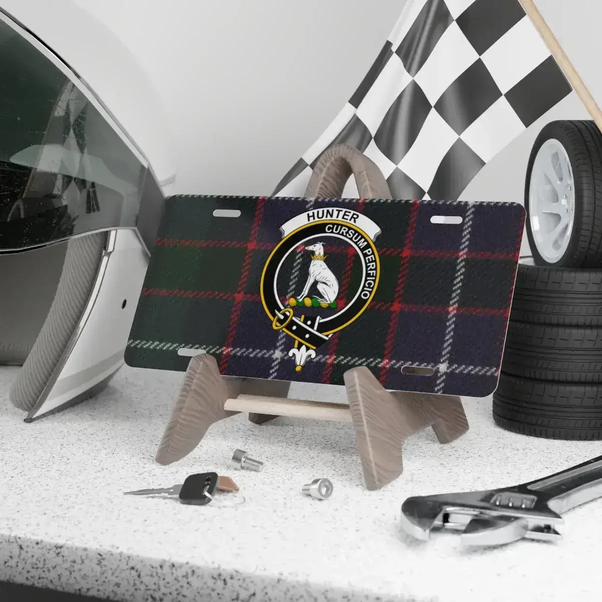 Hunter Cursum Perficio Tartan License Plate product