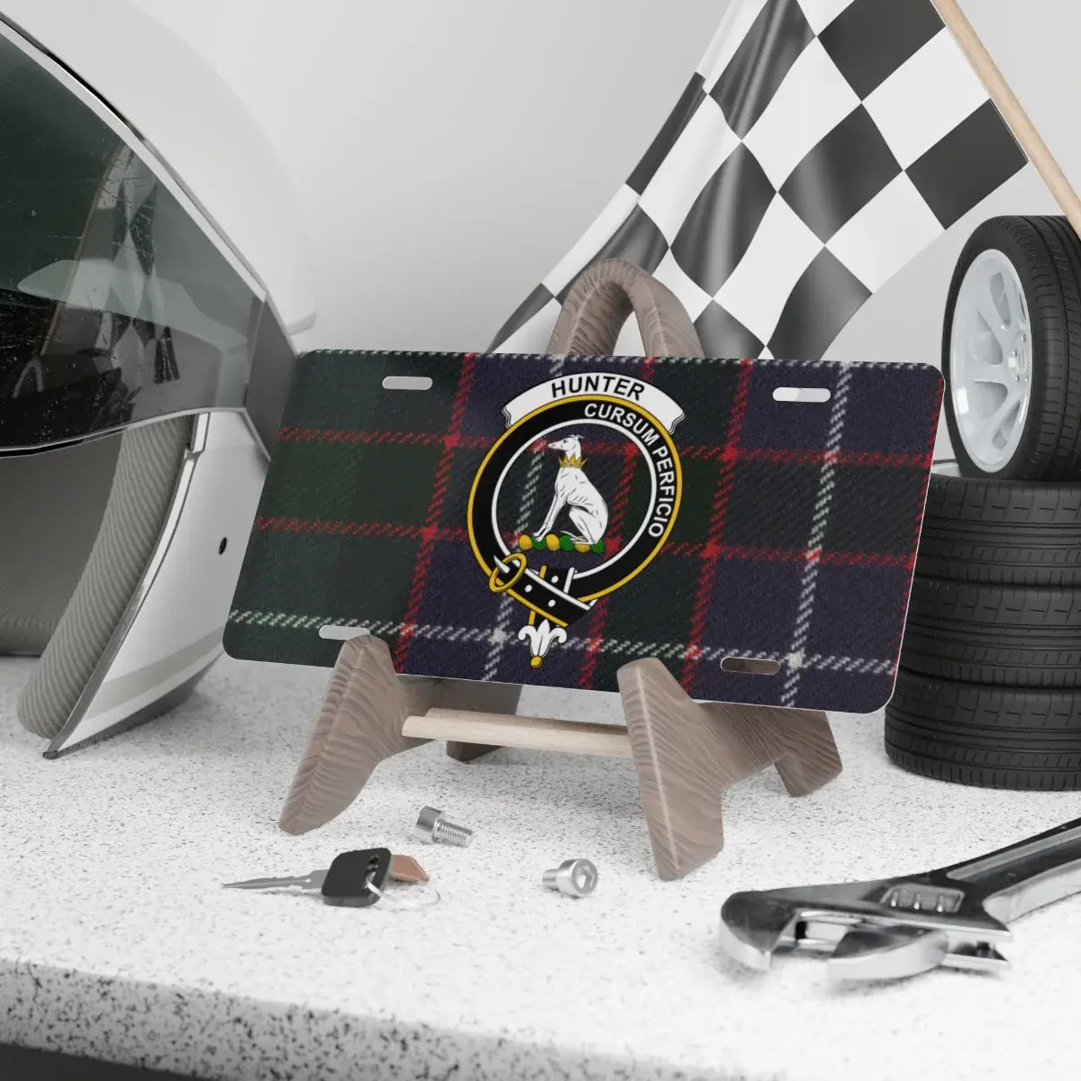 Hunter clan crest tartan novelty license plate — 12x6 aluminium with Cursum Perficio greyhound heraldic design