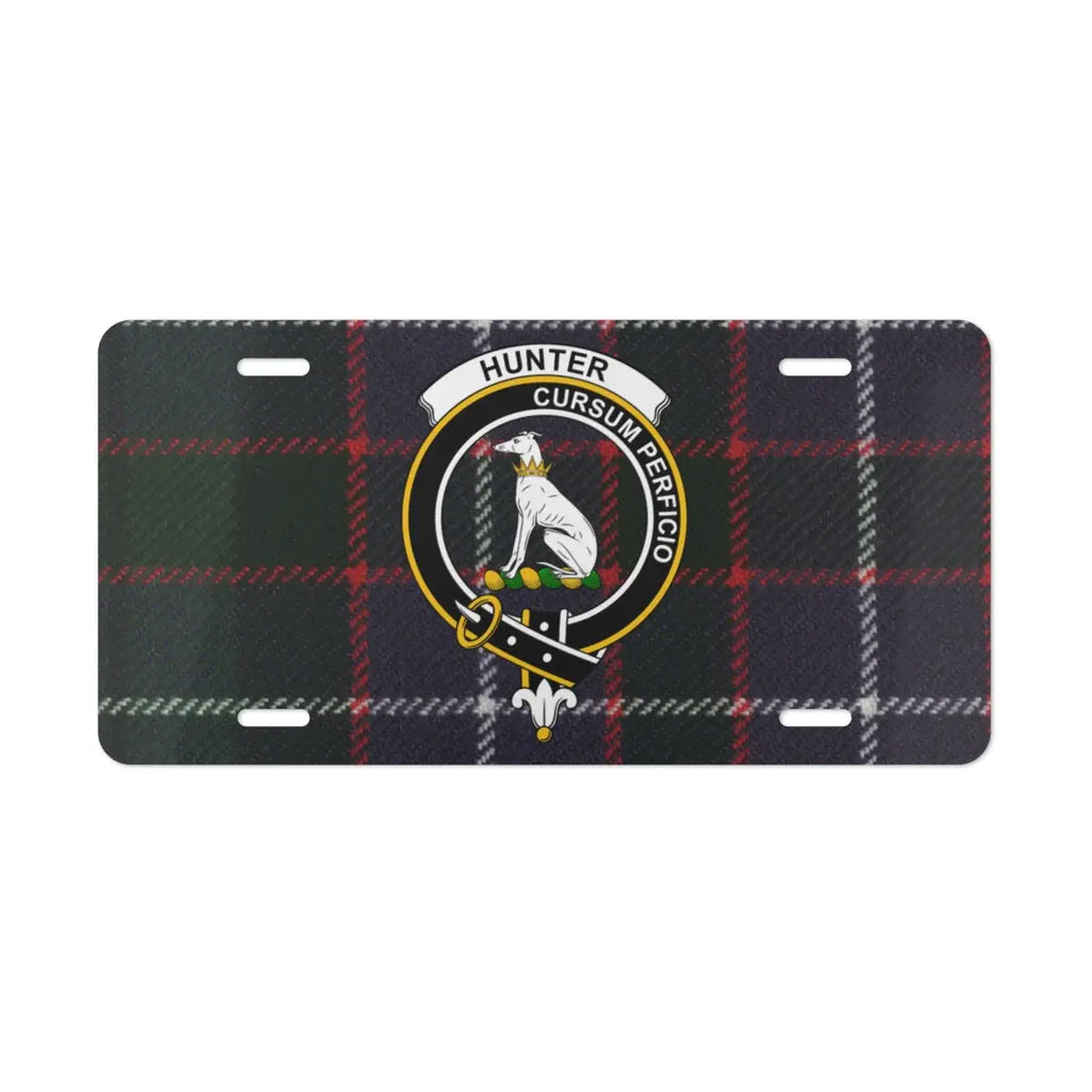 Hunter Cursum Perficio license plate cover — clan crest greyhound design on aluminium