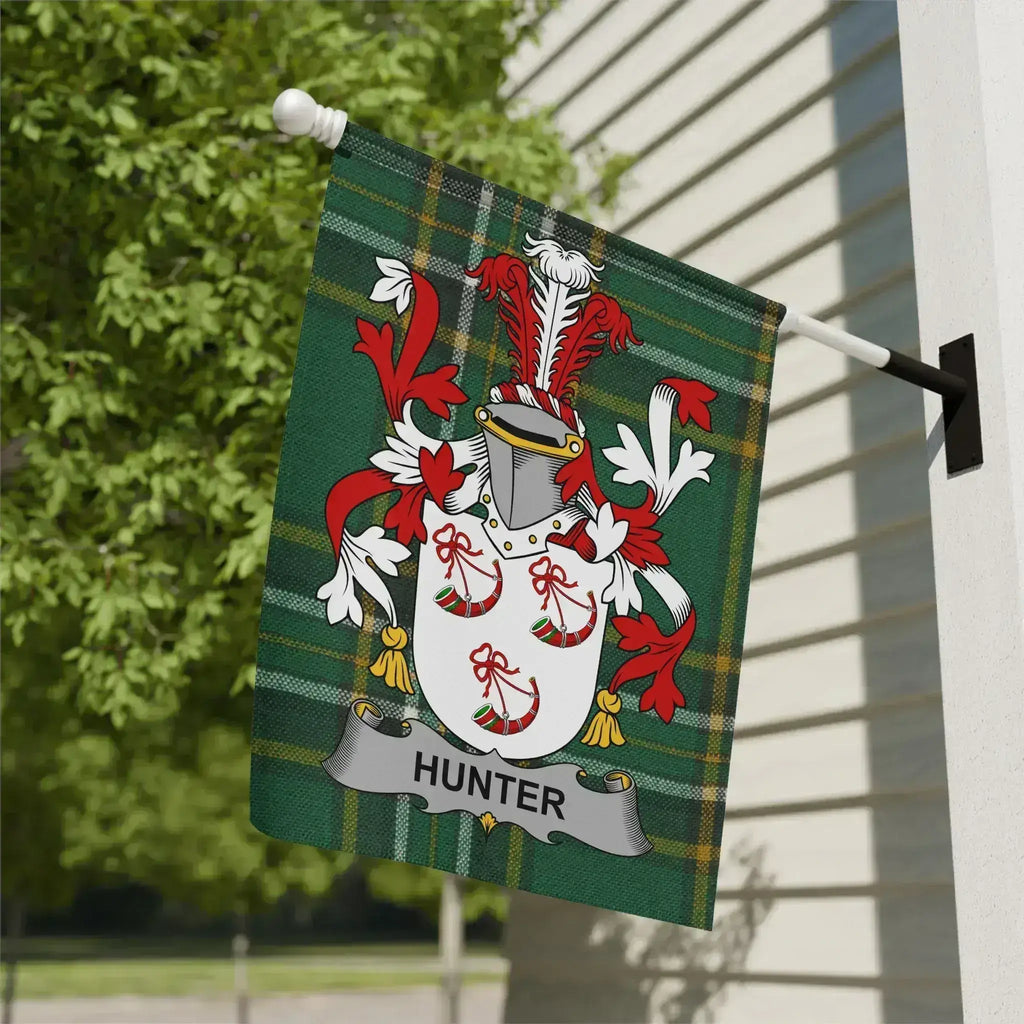 Hunter Coat of Arms with Plaid Design Flag product