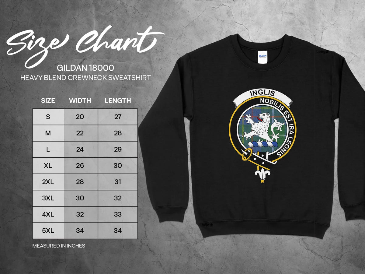 Inglis clan crest crewneck sweatshirt with Nobilis Est Ira Leonis motto and tartan design