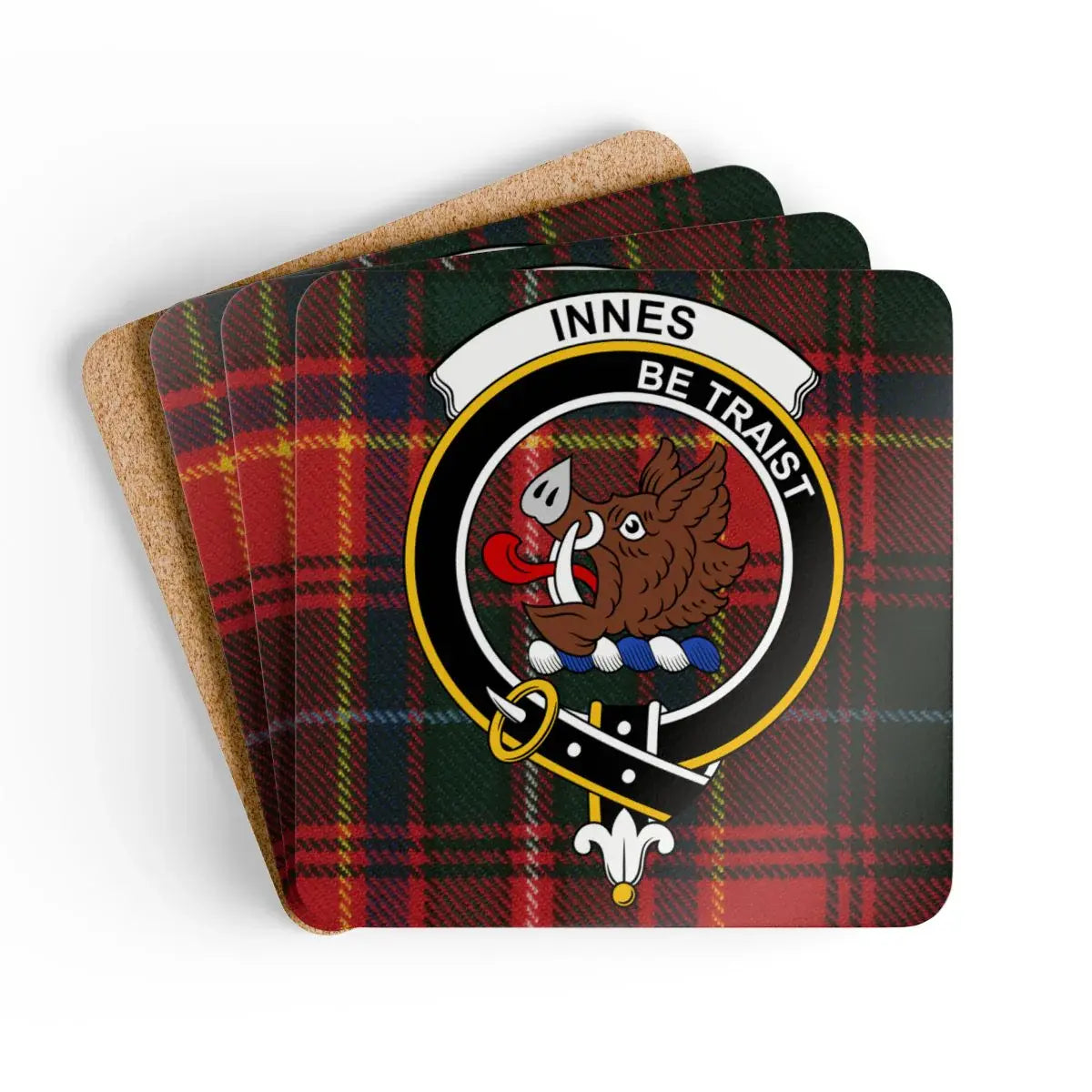 Innes clan crest tartan coaster set of 4 — natural cork squares with sealed Be Traist boar's head design
