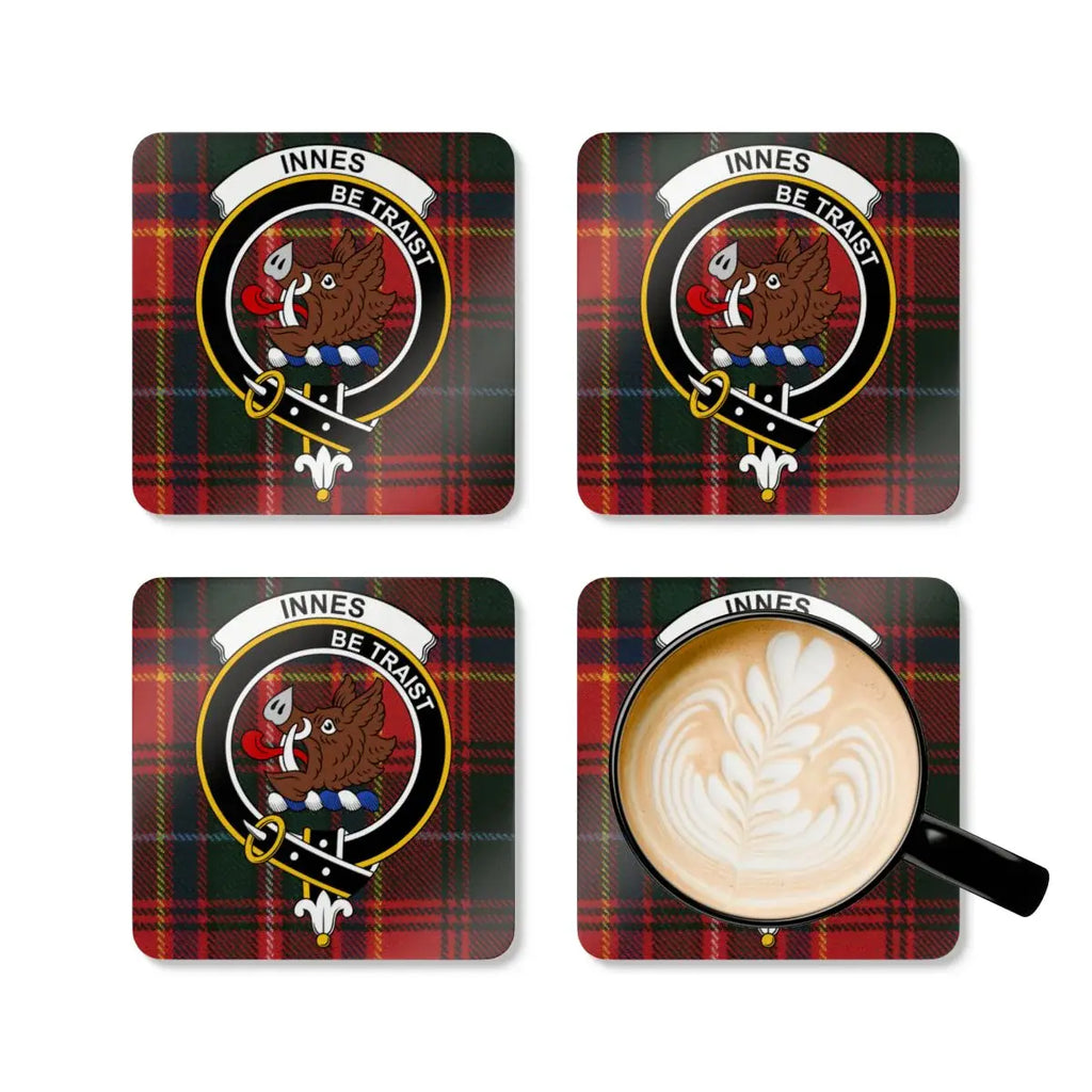 Innes Be Traist plaid design coaster set — four cork coasters with clan heraldic design