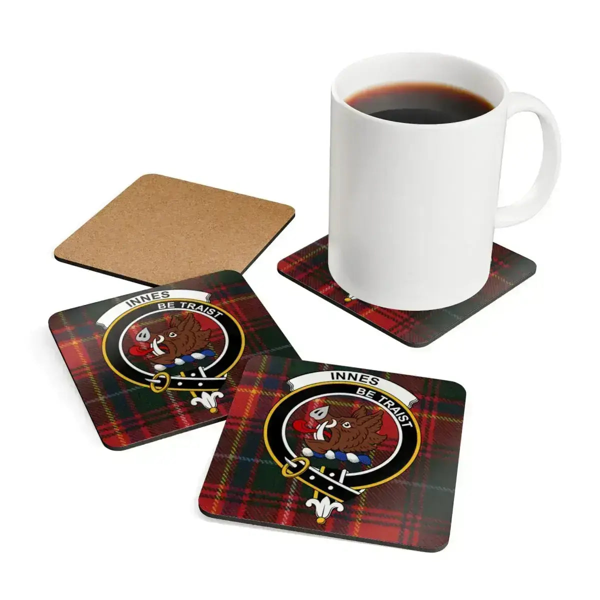 Innes clan crest Scottish tartan plaid coaster set — 3.75-inch corkwood with glossy sealed print