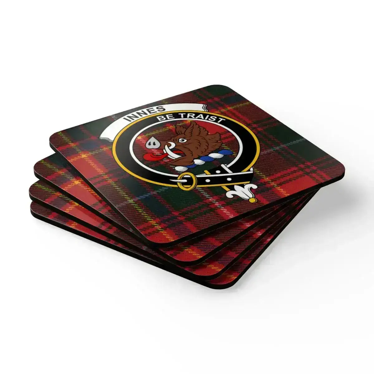Innes clan tartan coaster set — four natural cork squares with boar's head heraldic design