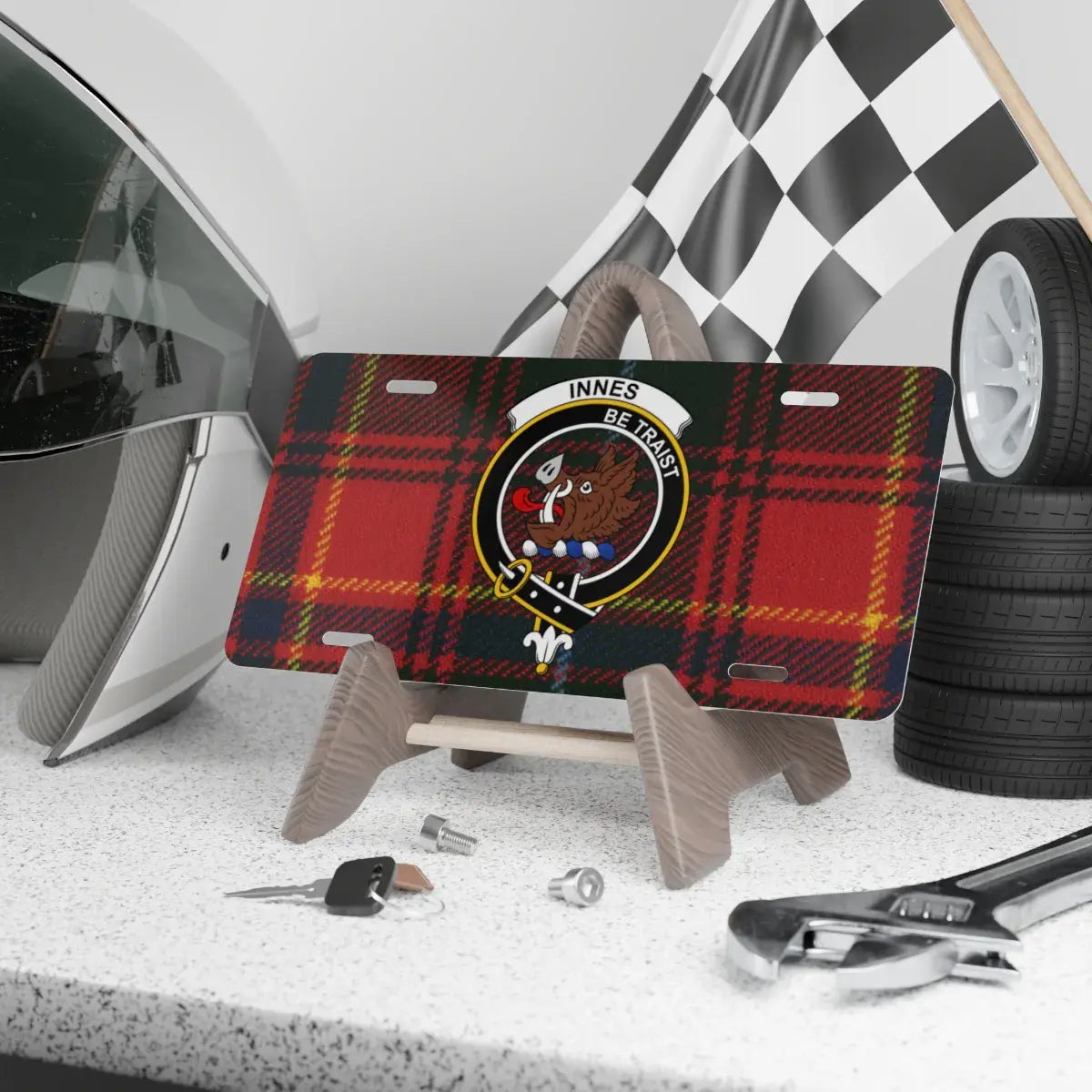 Innes clan crest tartan novelty license plate — 12x6 aluminium with Be Traist boar's head heraldic design