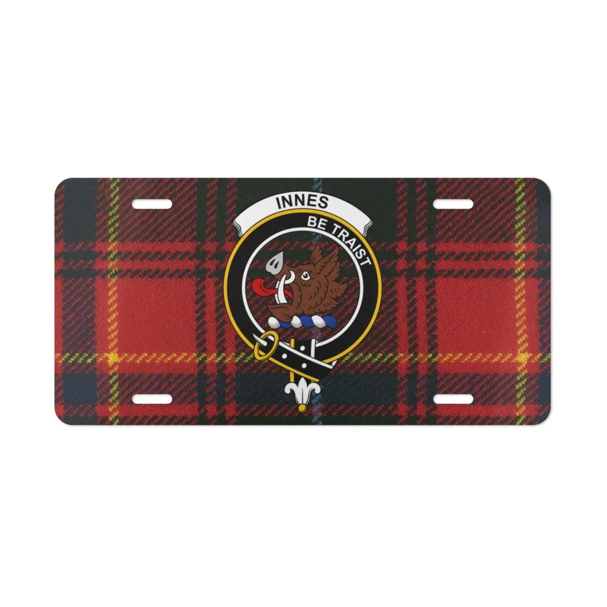 Innes clan crest plaid pattern license plate — boar's head design on aluminium