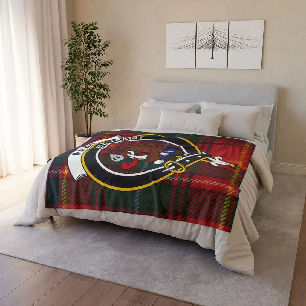 Innes clan tartan throw blanket on sofa — lightweight 100% polyester with clan crest design