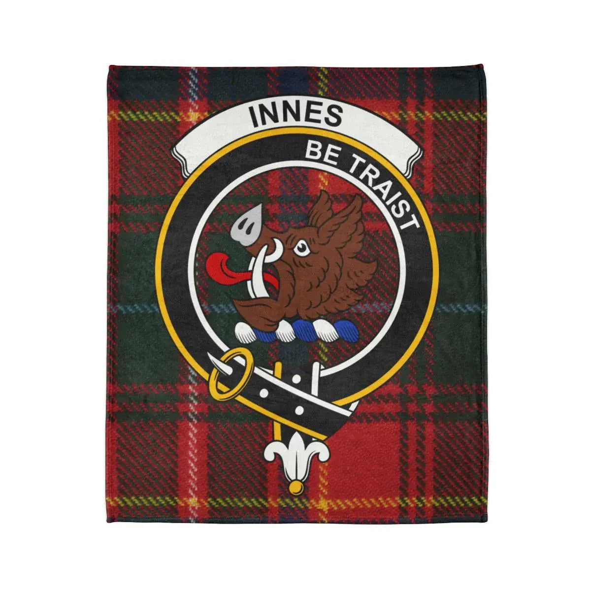 Innes Be Traist family crest plaid throw blanket — boar's head heraldic design on 50x60 polyester