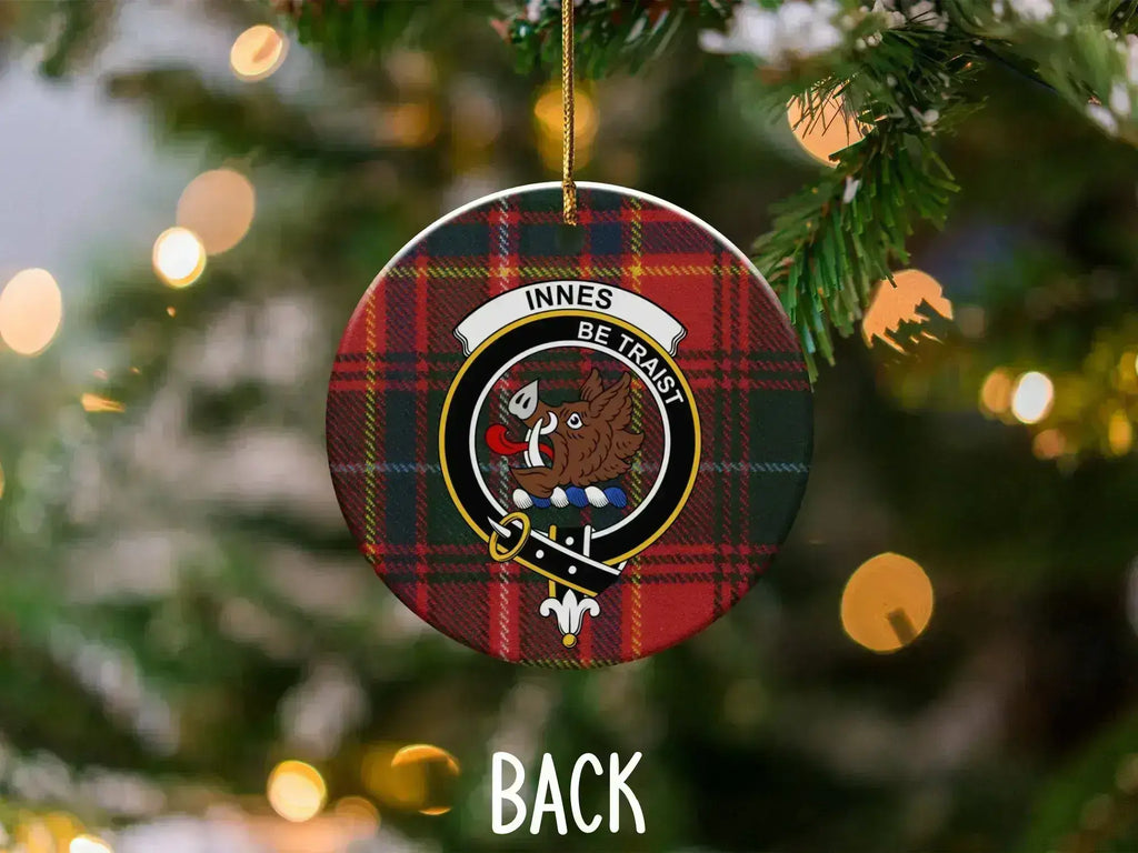 Innes Be Traist clan tartan Christmas ornament — 3-inch ceramic disc, gold hanging string