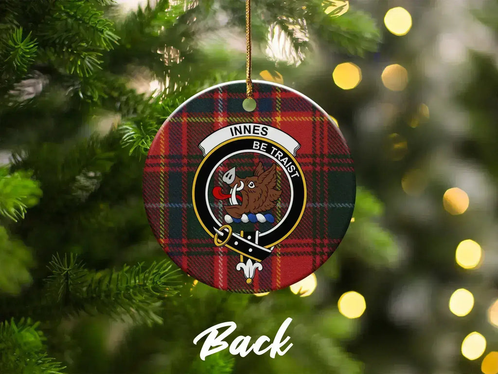 Innes clan crest tartan ornament back view — double-sided glazed ceramic, 3-inch disc
