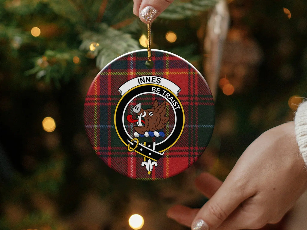 Innes Be Traist clan tartan ornament close-up — glossy finish, double-sided 3-inch disc