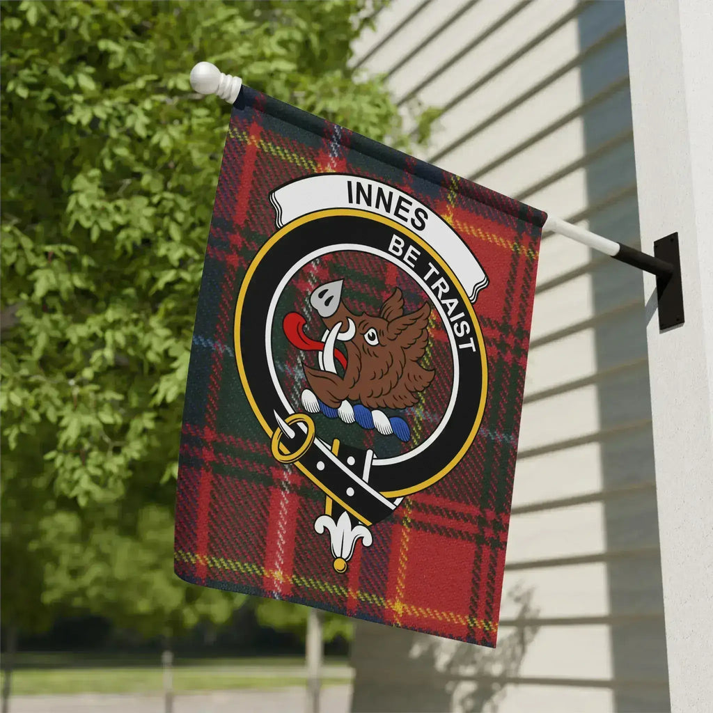 Innes clan crest tartan garden flag 12x18 inches — poly poplin-canvas with Be Traist boar's head design