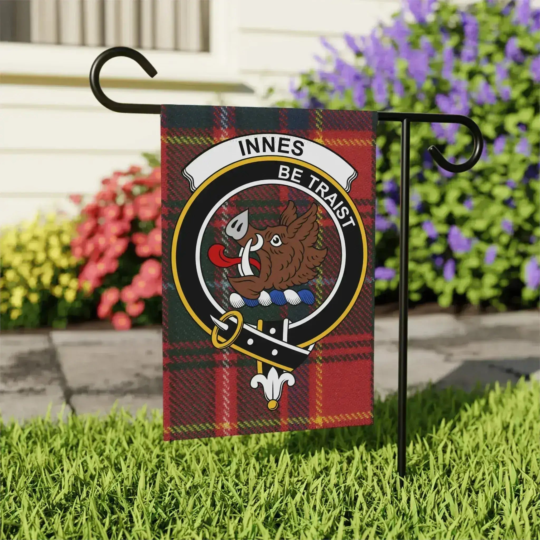 Innes Be Traist family crest garden flag 24x32 inches — clan crest on larger outdoor size