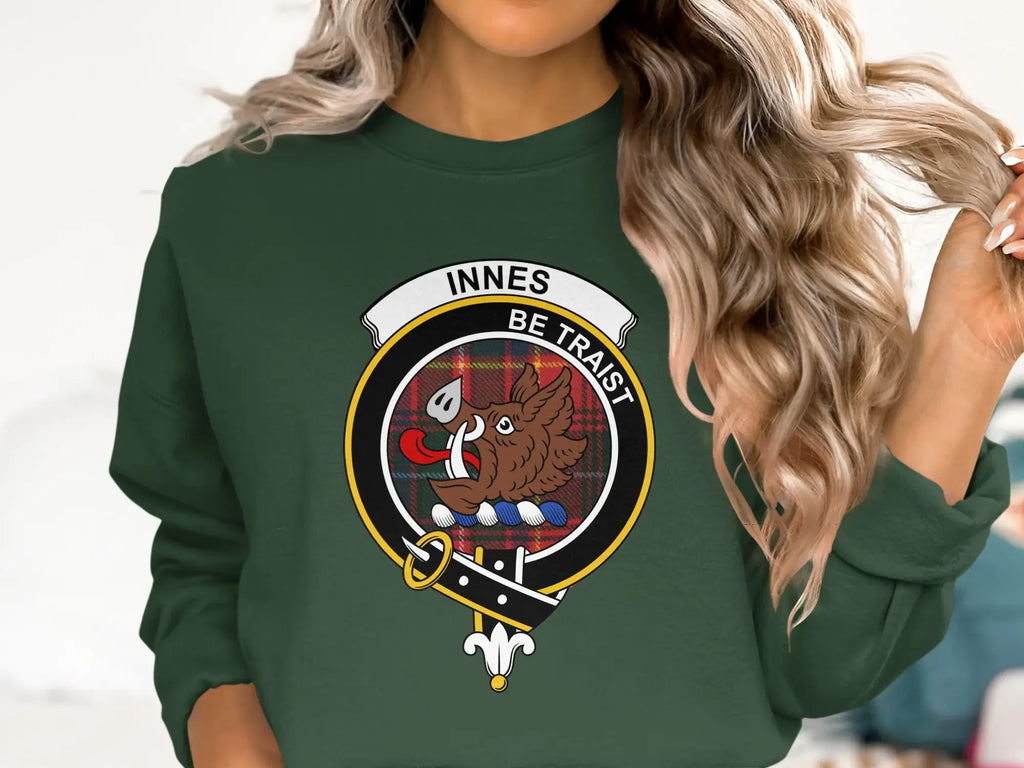 Innes Be Traist clan crest sweatshirt — boar's head heraldic design on fleece