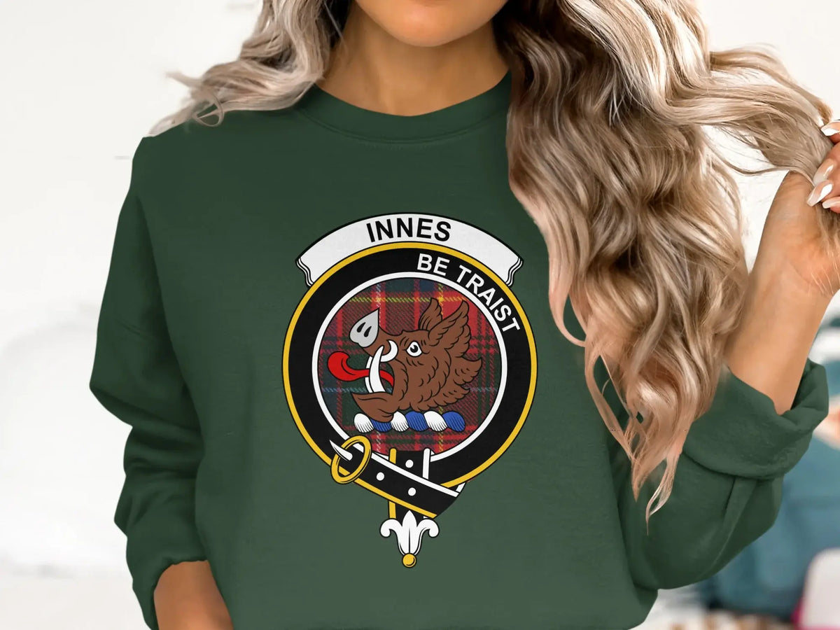 Innes Be Traist clan crest sweatshirt — boar's head heraldic design on fleece
