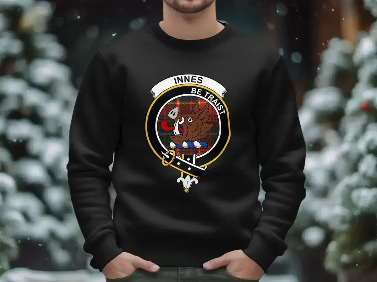 Innes Be Traist boar emblem vintage sweatshirt — clan crest heraldic on fleece fabric