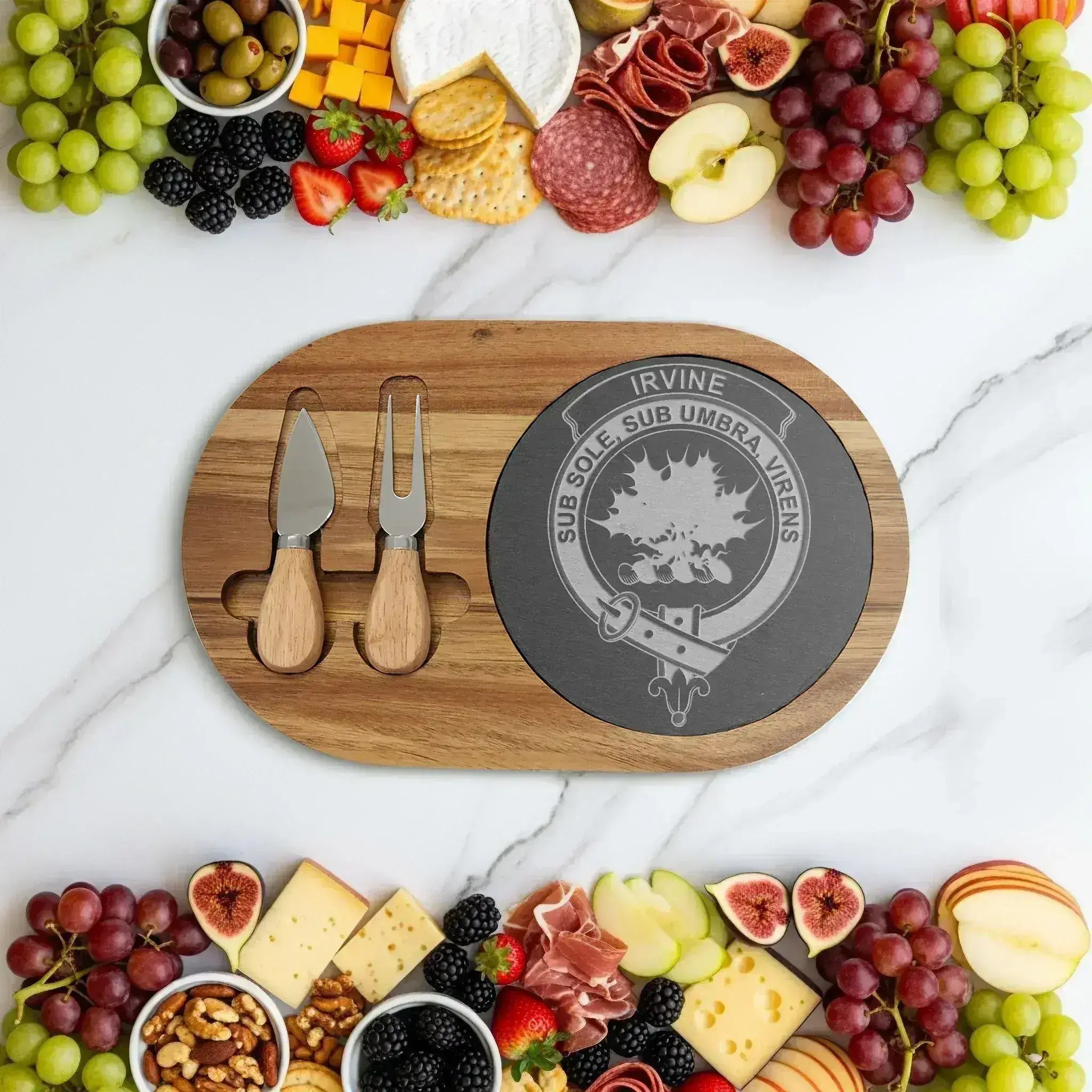 Clan Irvine crest engraved serving board — larger 13.75x9.75 inch size, acacia and slate