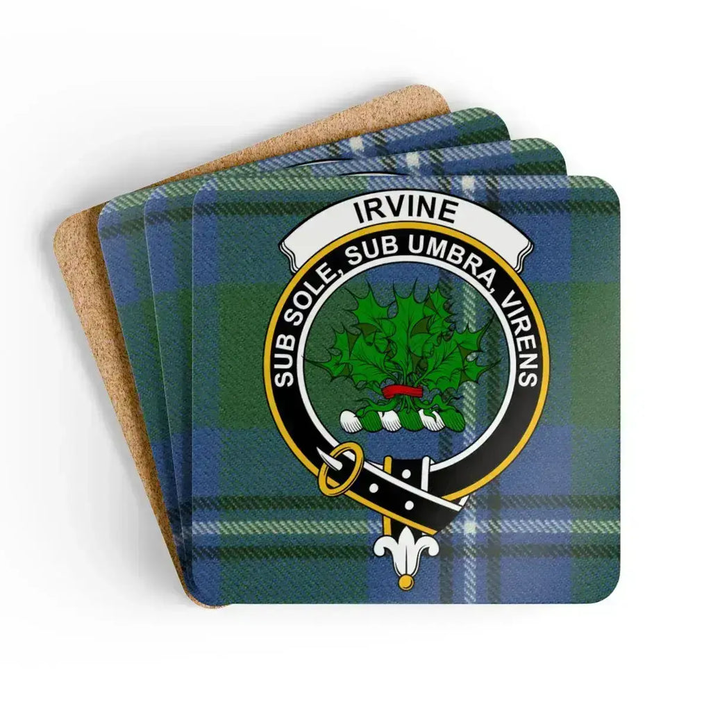 Clan Irvine tartan crest coaster set — 3.75 inch square cork base with Sub Sole Sub Umbra Virens print