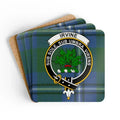 Clan Irvine tartan crest coaster set — 3.75 inch square cork base with Sub Sole Sub Umbra Virens print