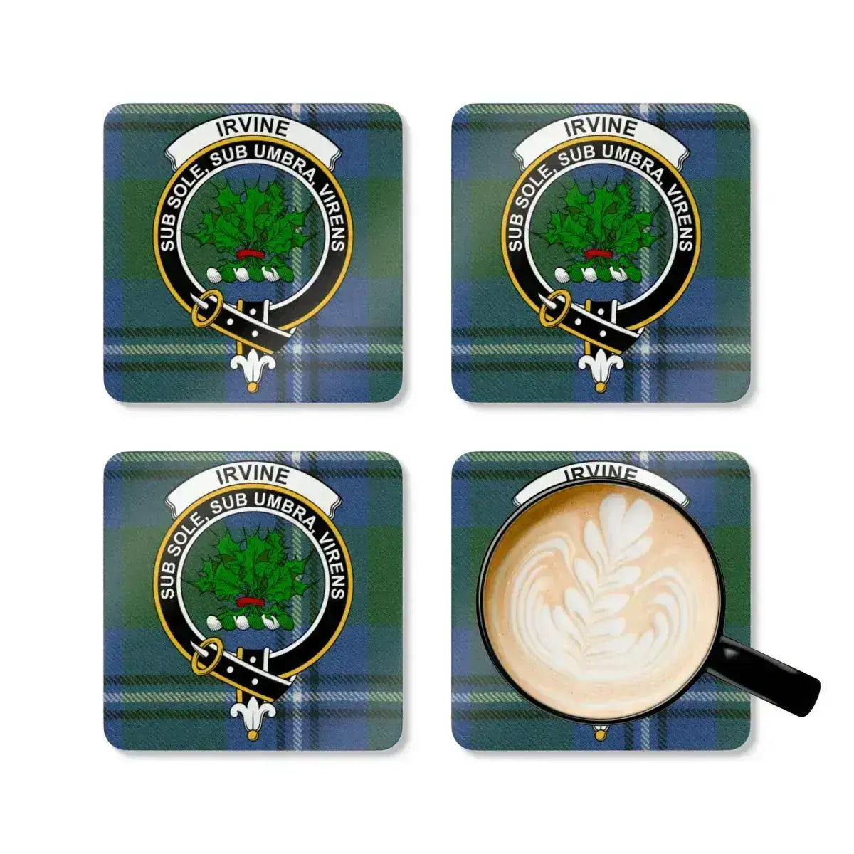 Clan Irvine crest coaster — glossy full colour tartan design on square cork coaster