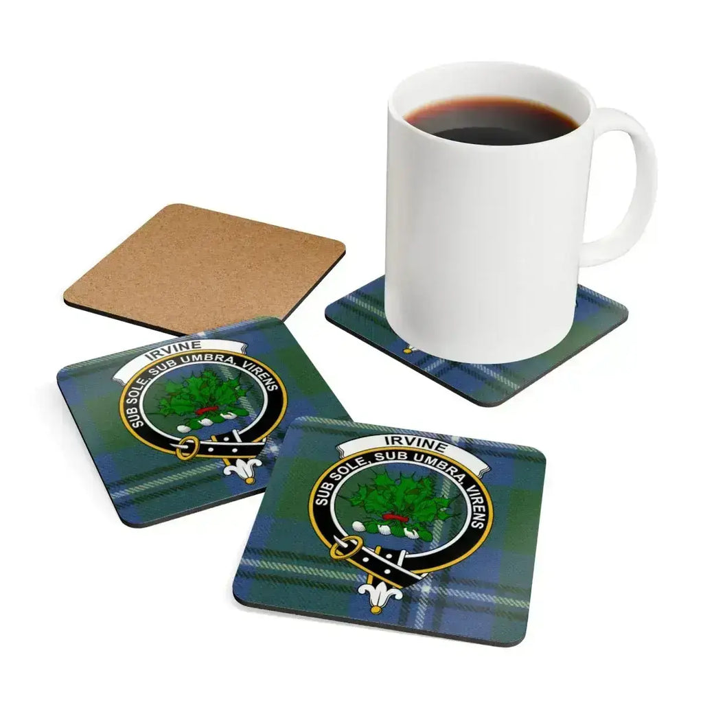 Clan Irvine tartan coaster set — four coasters shown with clan crest and motto