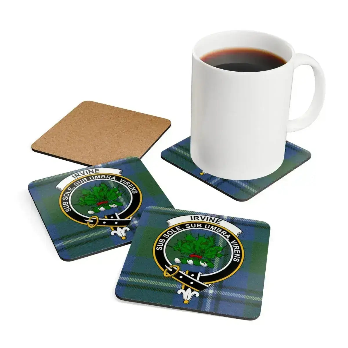Clan Irvine tartan coaster set — four coasters shown with clan crest and motto