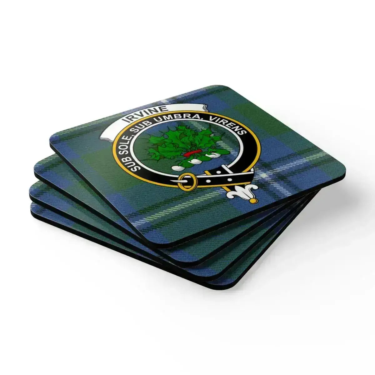 Clan Irvine crest coaster — tartan and Sub Sole Sub Umbra Virens motto on 3.75 inch square coaster