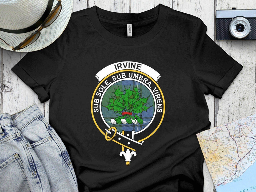 Clan Irvine tartan crest t-shirt — navy short sleeve with Sub Sole Sub Umbra Virens motto