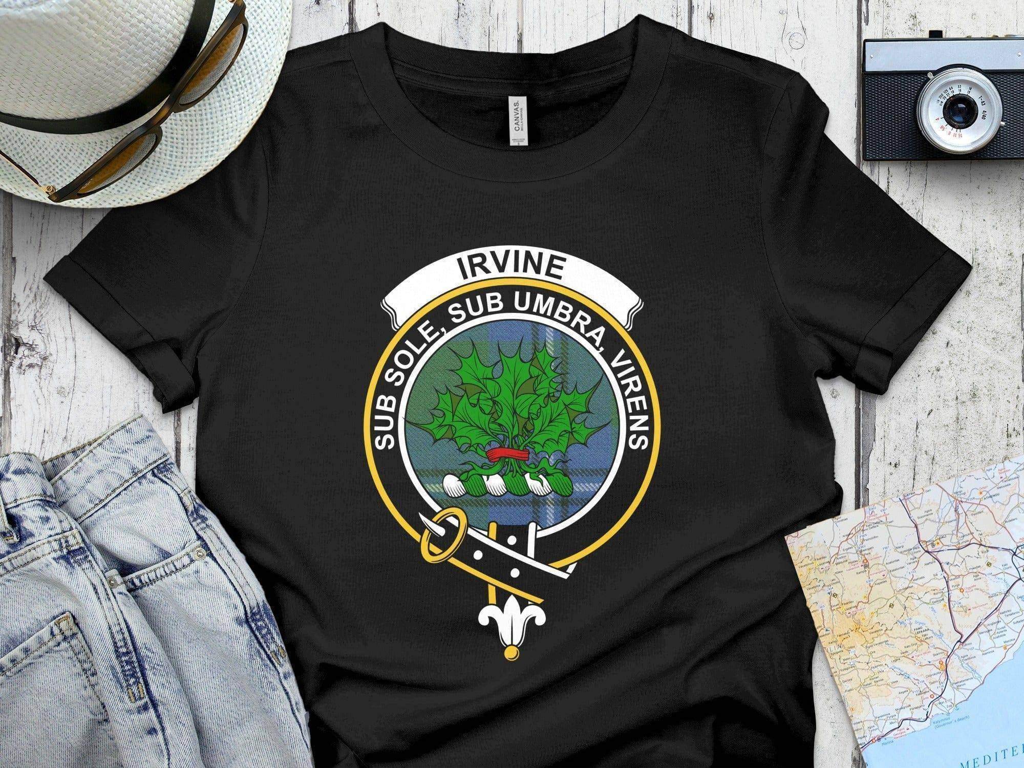 Clan Irvine tartan crest t-shirt — navy short sleeve with Sub Sole Sub Umbra Virens motto