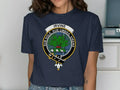 Clan Irvine crest t-shirt — royal blue cotton short sleeve with heraldic tartan print