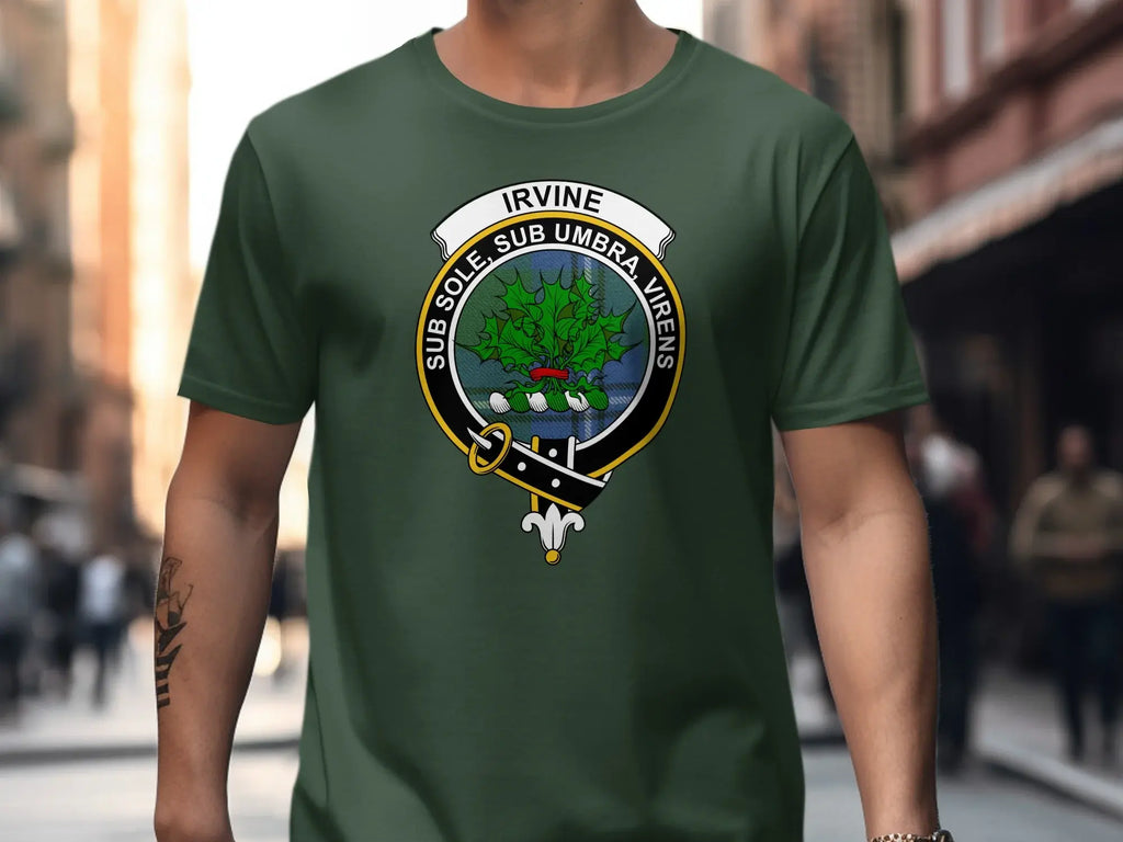 Clan Irvine tartan crest tee — black short sleeve, Sub Sole Sub Umbra Virens motto visible