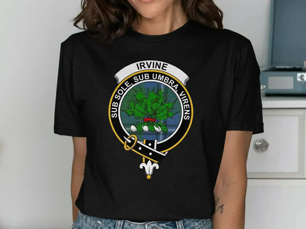 Clan Irvine crest t-shirt — forest green with tartan and heraldic emblem print