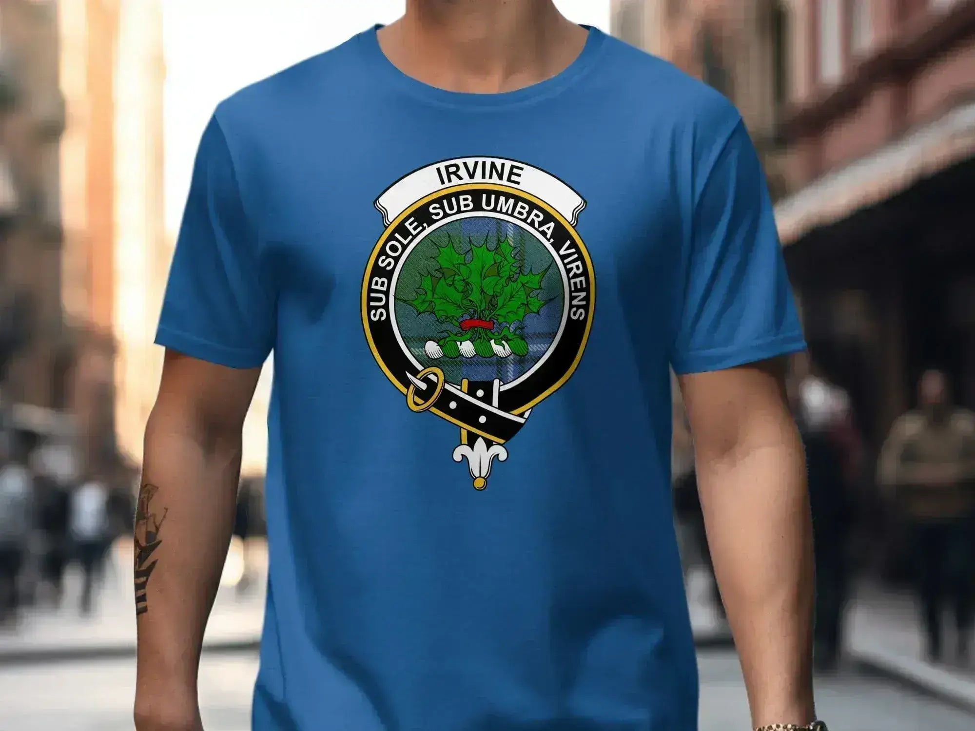 Clan Irvine tartan t-shirt — front view showing full crest design, unisex fit