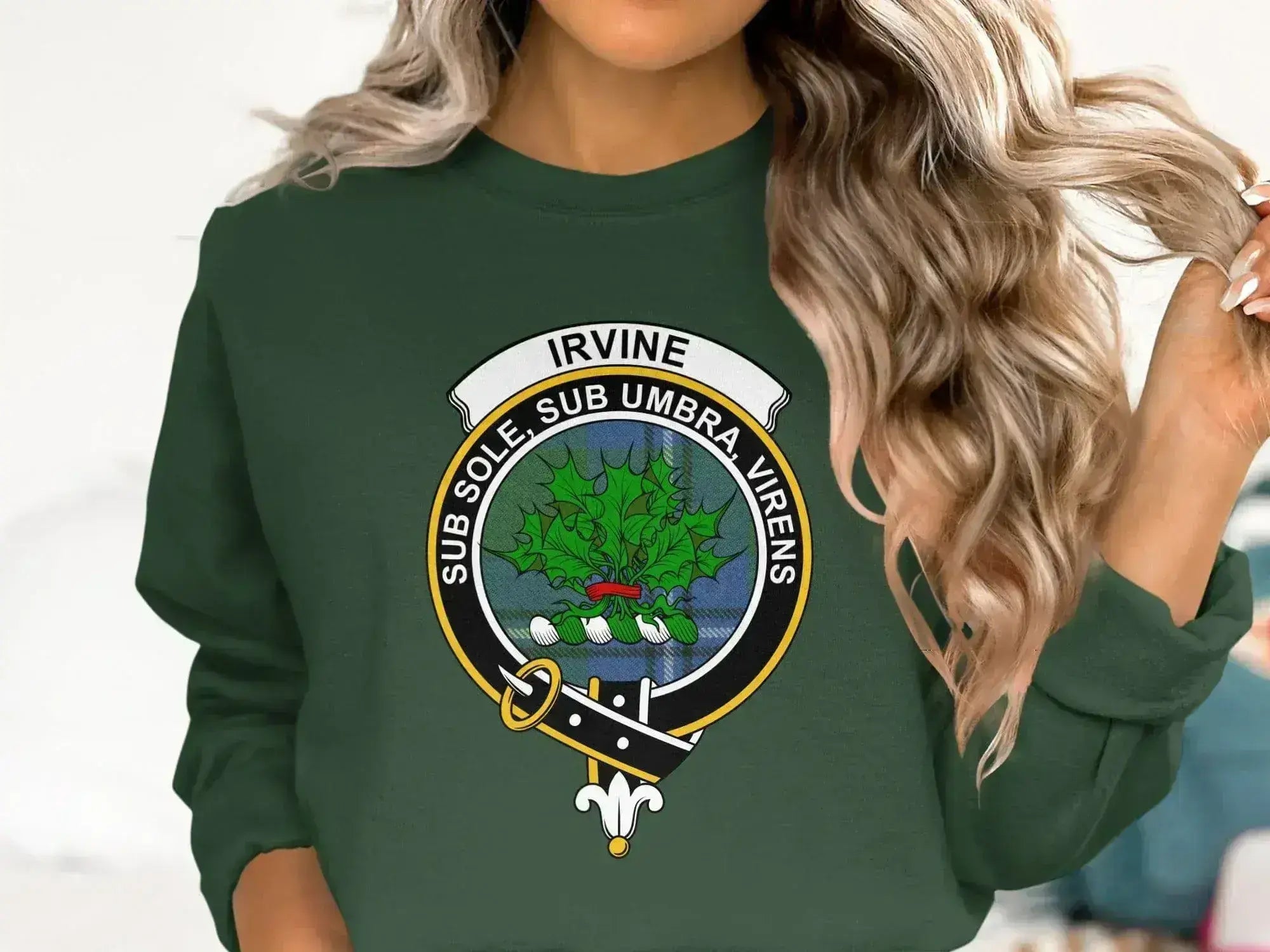 Clan Irvine tartan crest sweatshirt — navy crewneck with fleece-lined interior