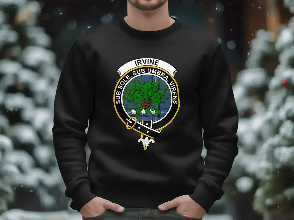 Clan Irvine crest sweatshirt — black crewneck with Sub Sole Sub Umbra Virens motto print