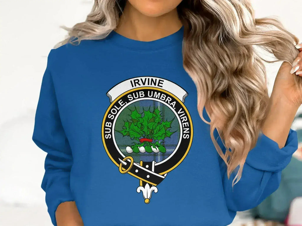 Clan Irvine tartan sweatshirt — forest green crewneck with heraldic crest design